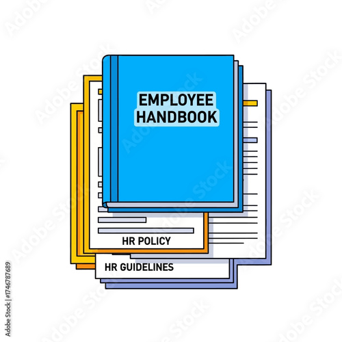 Employee handbook, HR policy and guidelines documents stack.