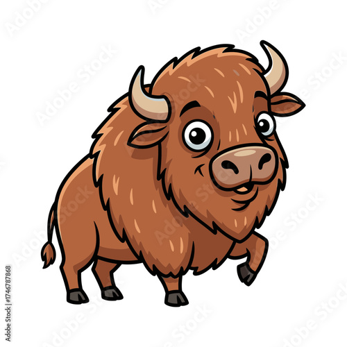 Cartoon bison with a friendly expression standing on white background  