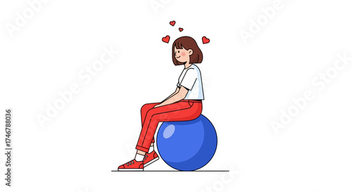 Illustration of a girl with hearts sitting on a blue exercise ball in minimalistic style