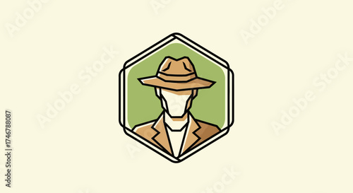 Mysterious figure with fedora hat and suit framed in a hexagon logo design