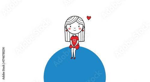 Charming hand-drawn illustration of a girl sitting on a blue globe with a heart hovering nearby
