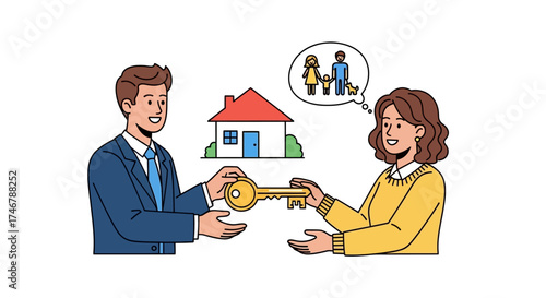Real estate agent handing over house key to a woman dreaming of her future family life