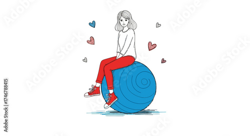 Whimsical Illustration of a Girl Balancing on a Fitness Ball Surrounded by Hearts