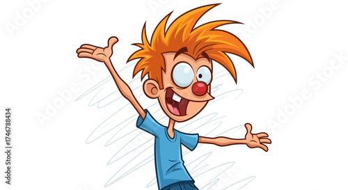 Excited cartoon boy with red hair and clown nose joyfully greets the viewer animation