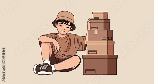 Illustration of a boy sitting next to a stack of boxes feeling tired and exhausted