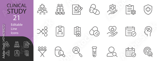Clinical Study line icon set. Contains symbols for medical research, healthcare, diagnosis, and laboratory testing. Vector design for apps, infographics, and reports.