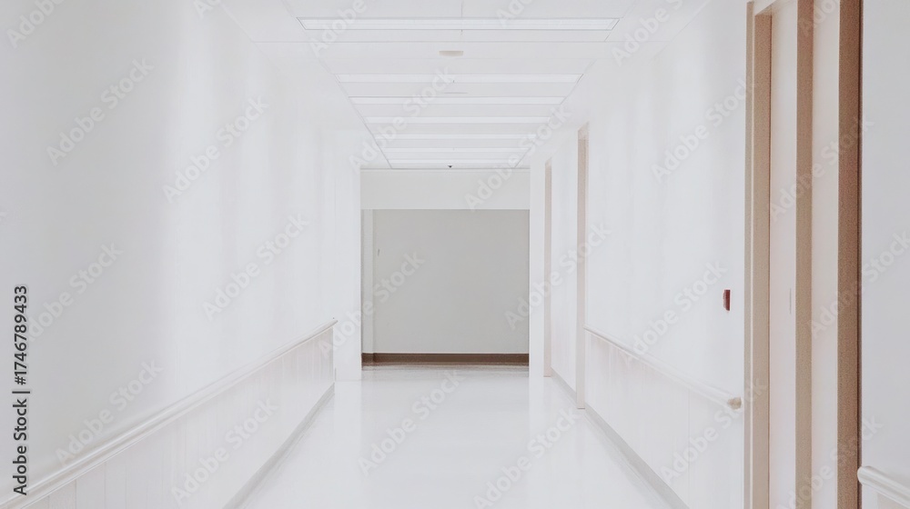 Fototapeta premium Bright empty Hospital corridor with white walls and doors Mockup for healthcare design