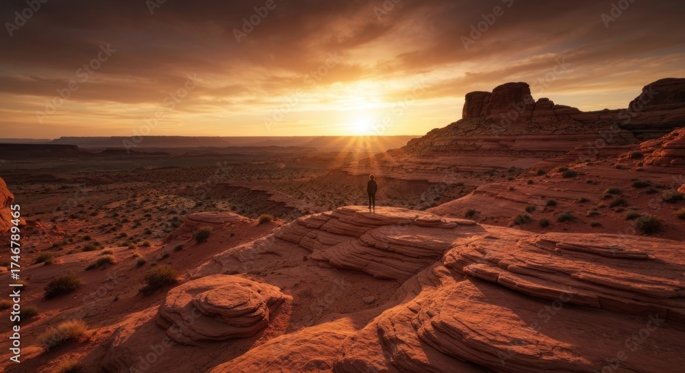 Fototapeta premium Lone figure overlooks vast desert landscape at sunset with rock formations and vivid sky
