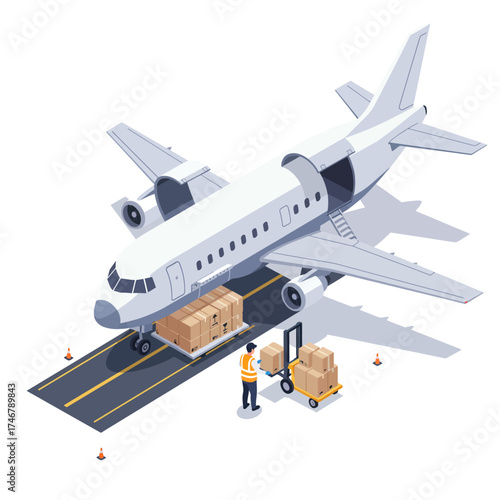 Vector art of isometric airplane cargo loading with worker and boxes on the runway