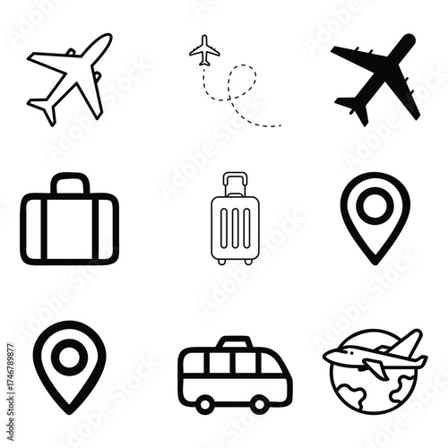 Simple travel and transportation icon set with airplane, luggage, map pin, bus, and globe symbols. Ideal for travel apps, tourism, and vacation designs.