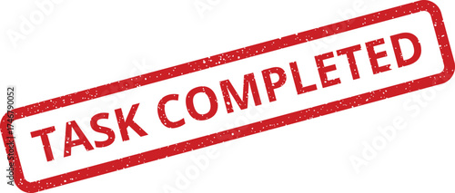 A distinct red textured rubber stamp displays the message task completed indicating a finalized state