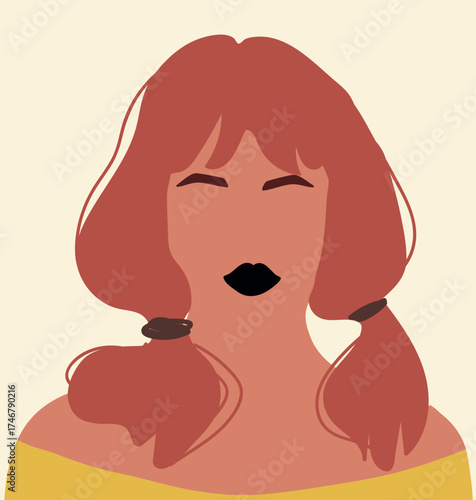 Girl, red bead, blank empty face portrait with ponytails. Hand drawn vector illustration.