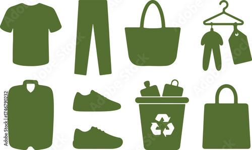 Sustainable fashion silhouette vector set – all in sage green, no black, no stroke – organic tee, hemp jeans, vegan tote, biodegradable sneakers