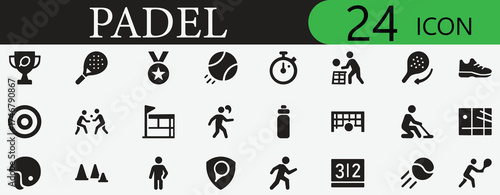 Modern padel and tennis sport icon set with racket, player, championship, tournament, fitness, flat design, vector, outline, editable symbol