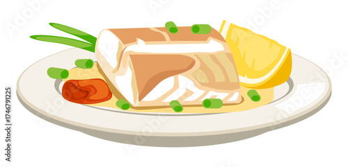 Delicious fish fillet vector illustration with lemon and garnish, perfect for restaurant branding, seafood recipes, or menu graphics.