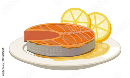 Juicy salmon steak vector served with lemon slices on a plate, perfect for healthy food design, cooking ads, or restaurant menus.
