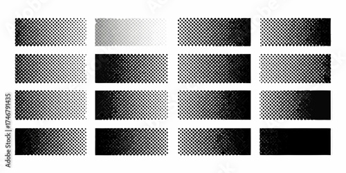 Collection of halftone dot patterns transitioning from black to white and white to black