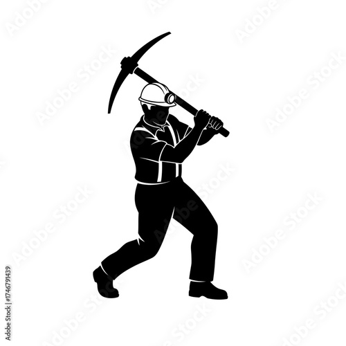 Mining worker silhouette with pickaxe ready to strike the ground for extraction.
