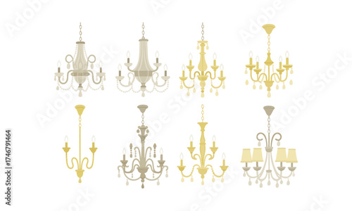 Classic Ballroom Chandeliers – Ornate Candle-Style Lighting Icons, Vector Clean on White, interior elements, easily editable.