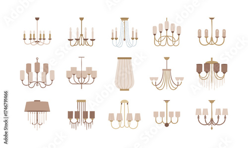 Contemporary Slim-Column Chandeliers – Modern Minimal Ceiling Fixtures, Vector on White, interior elements, easily editable.