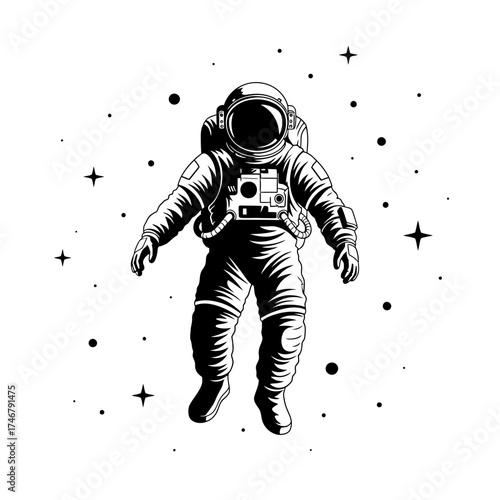 Monochrome Astronaut Floating in Space Surrounded by Stars and Cosmic Dust.