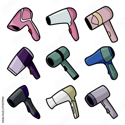 collection of colorful cartoon hair dryer illustrations