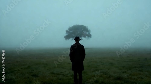 Mysterious wanderer in fog with tree atop head, surreal and thought provoking journey