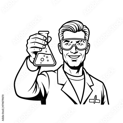 Smiling male scientist in a lab coat holding a bubbling chemical flask.