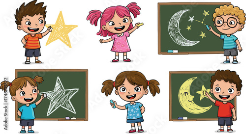 Cartoon children drawing stars and moons on chalkboards in classroom setting, promoting creativity, learning, and space-themed educational fun