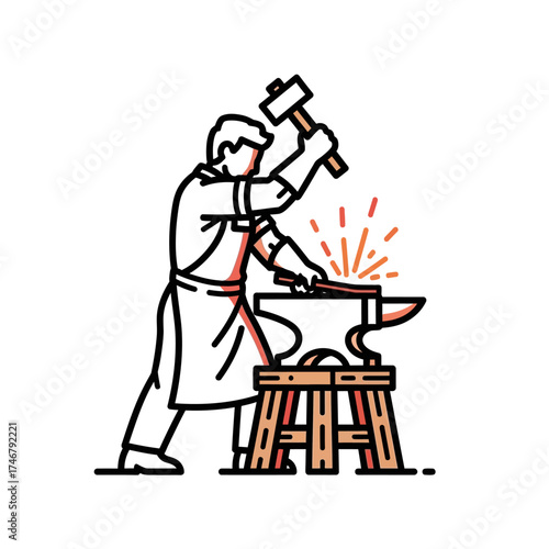 Blacksmith working on anvil with hammer creating sparks and shaping metal.