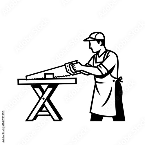 Carpenter sawing wood on a workbench with focused precision.