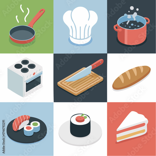 Wholesome isometric culinary icons showcasing essential cooking elements from baking bread to preparing sushi and desserts, perfect for recipe guides and foodie blogs