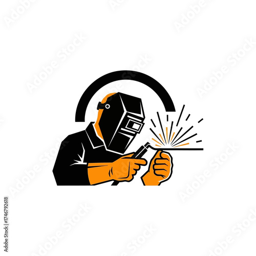 Industrial welder with protective mask performing metal fabrication.
