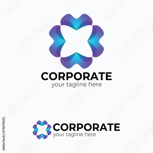 Abstract Clover X-Shape Logo: Dynamic Corporate Symbol Representing Teamwork, Collaboration, Innovation, and Digital Technology Solutions Vector Design