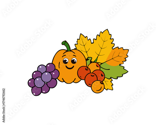 Grapes and autumn fruits illustration, seasonal vector pack isolated on white background