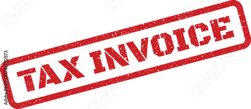 A rectangular red rubber stamp featuring TAX INVOICE text, presented with a vintage grunge texture for billing and transaction records