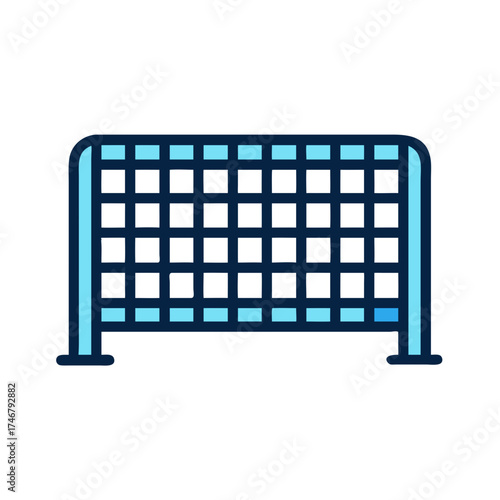 Vector art of a simple, stylized illustration of a soccer goal net, isolated on a, with a dark blue net and light blue frame, representing sports and games