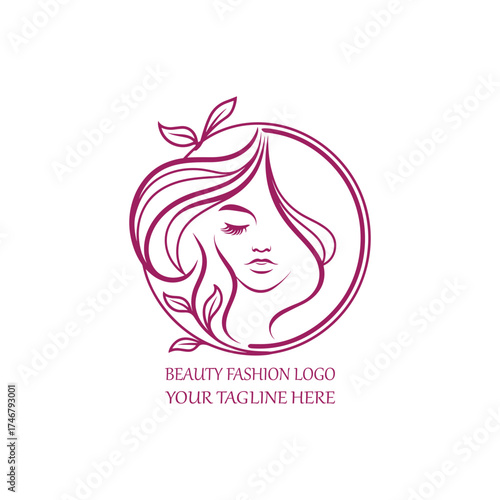 Elegant Beauty Fashion Logo with Woman Face Silhouette and Floral Hair Design in Purple Line Art on White Background