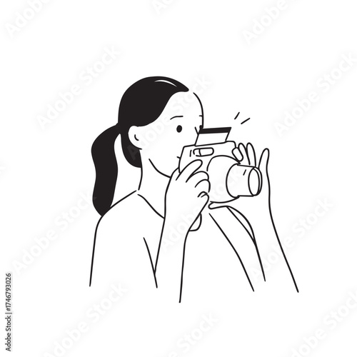 Female character with ponytail holding a Polaroid camera — travel and photography vector illustration