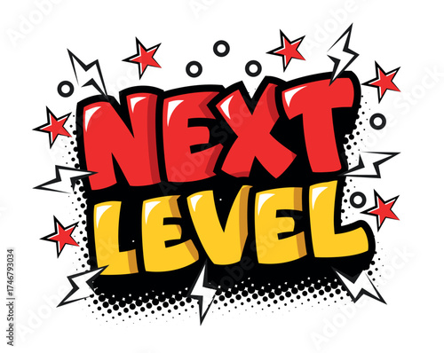 Next Level icon. Editable pop art text effect. Vector template on transparent background