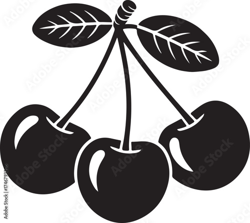 Black and white illustration of cherries with leaves fruit