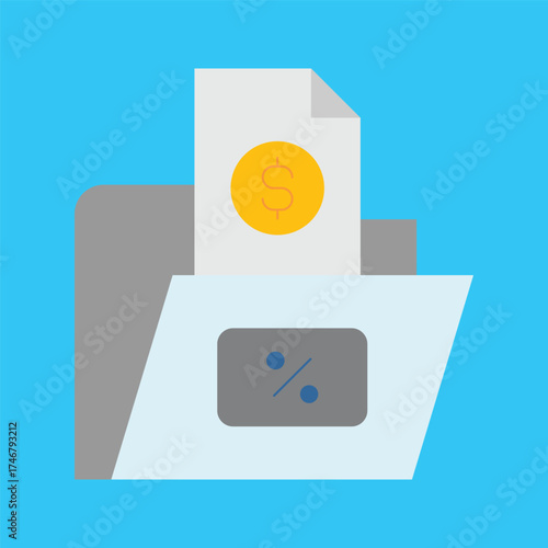 Vector graphic icon symbolizing financial planning and analysis, with a folder for storing reports on income, expenses, taxes, and percentage-based returns