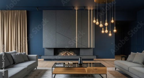 Modern living room with fireplace, gray sofas, & dramatic lighting fixtures