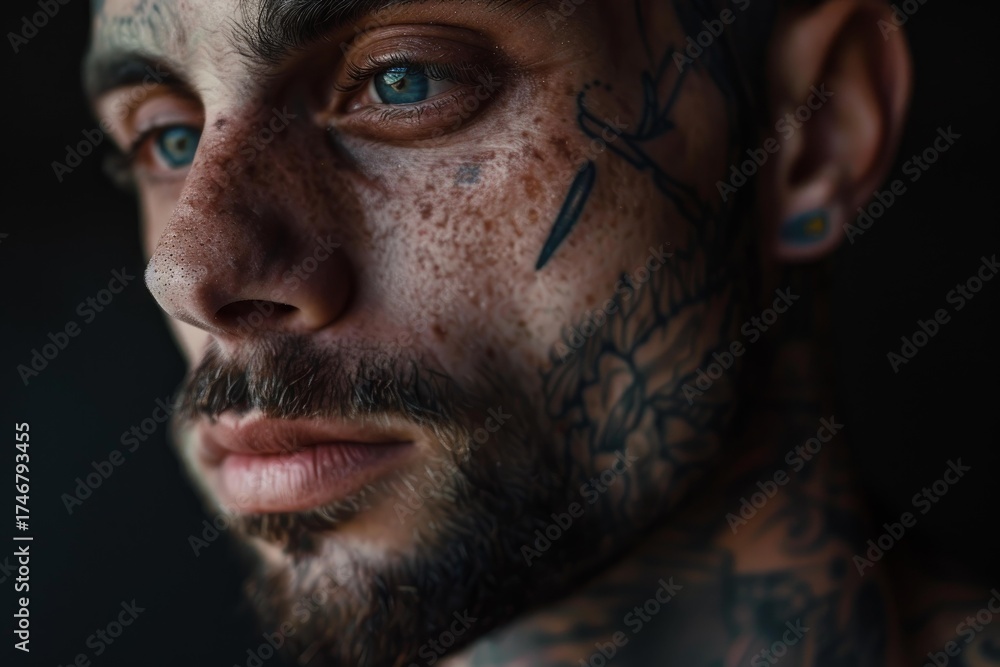 Obraz premium Close up portrait of a tattooed man with freckles, highlighting his facial ink in dramatic lighting