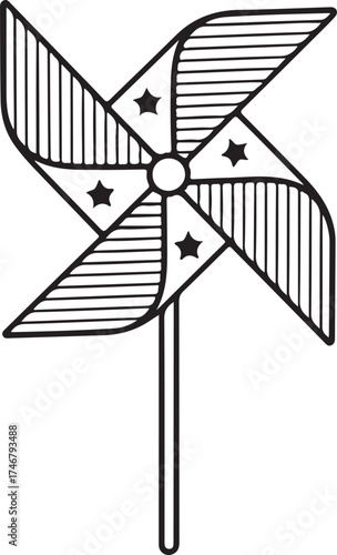 Black and white line drawing of a pinwheel with stars and striped blades wind spinner