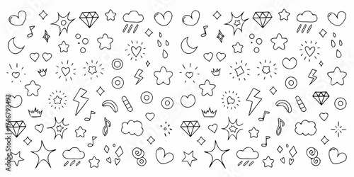Whimsical hand drawn doodle icons featuring stars hearts clouds diamonds lightning bolts and music notes