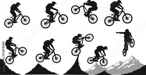 Mountain biker performing extreme stunts over rugged peaks silhouette sequence vector illustration adventure sports action cycling tricks outdoor lifestyle graphic design art