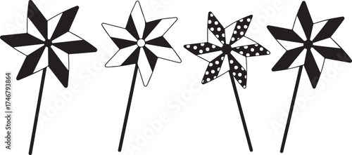Black and white star shaped pinwheels on sticks illustration