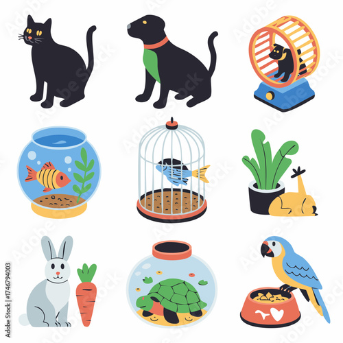 Charming collection of adorable pets and their habitats showcasing diverse animal companionship and home care needs beautifully rendered.