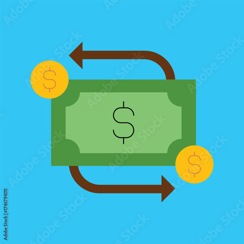 Conceptual illustration of financial transactions and cash flow, depicting currency exchange with a dollar bill and circulating gold coins in a continuous loop